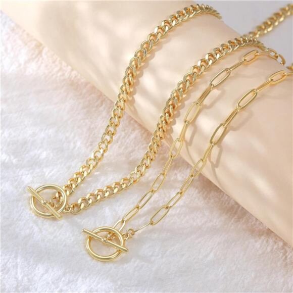 Gold Layered Necklace Set for Women – Paperclip & Cuban Toggle Chains - Picture 5 of 6
